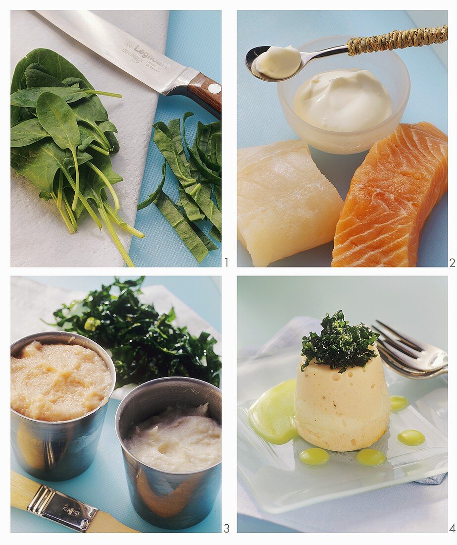 Making fish timbales with spinach and wasabi dip