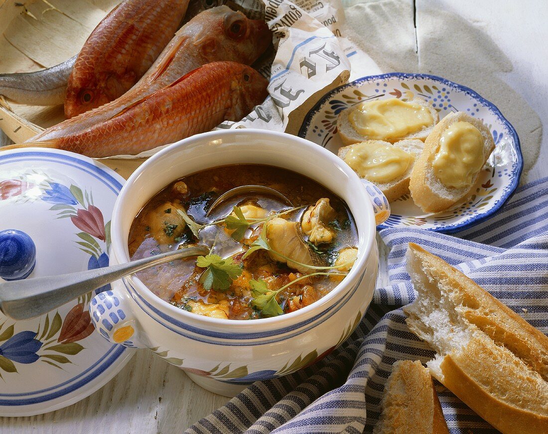 Französische Fischsuppe (Bouillabaisse) und Aioli-Baguettes