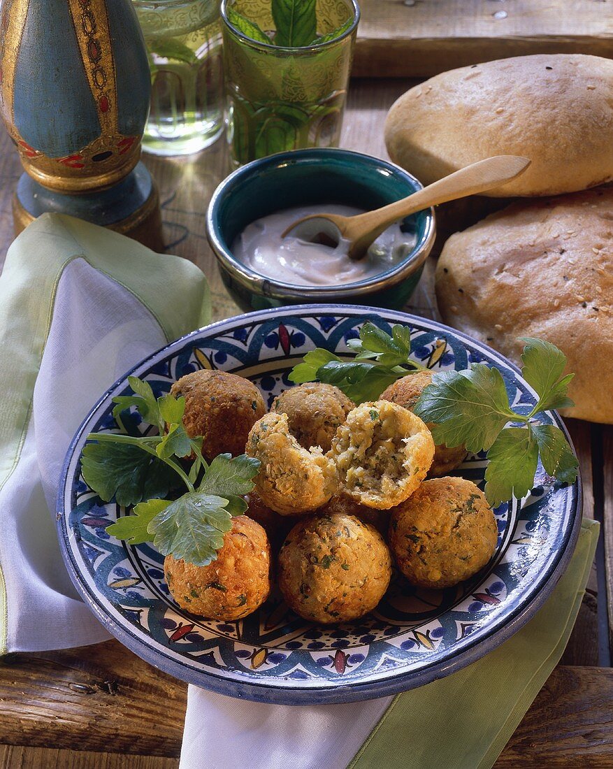 Felafel (chick pea balls) with flat bread and dip