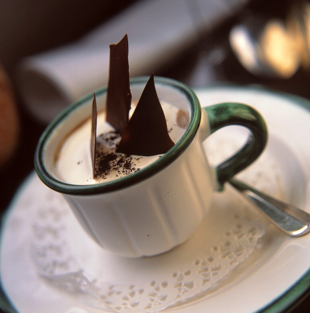 Cappuccino mit Schokoladenblättchen und Mokkapulver