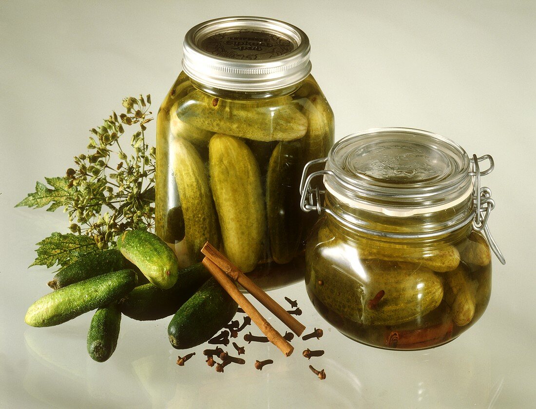 Gherkins in two pickling jars