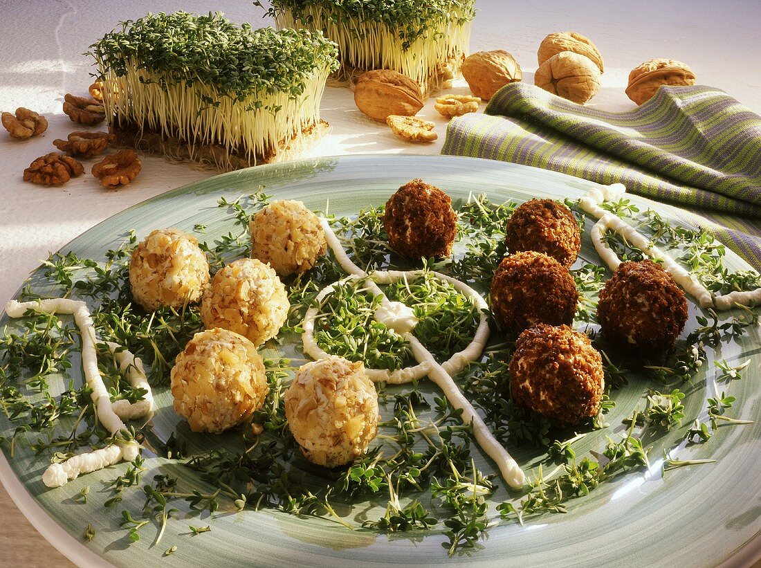 Cheese balls on cress, decorated as football field