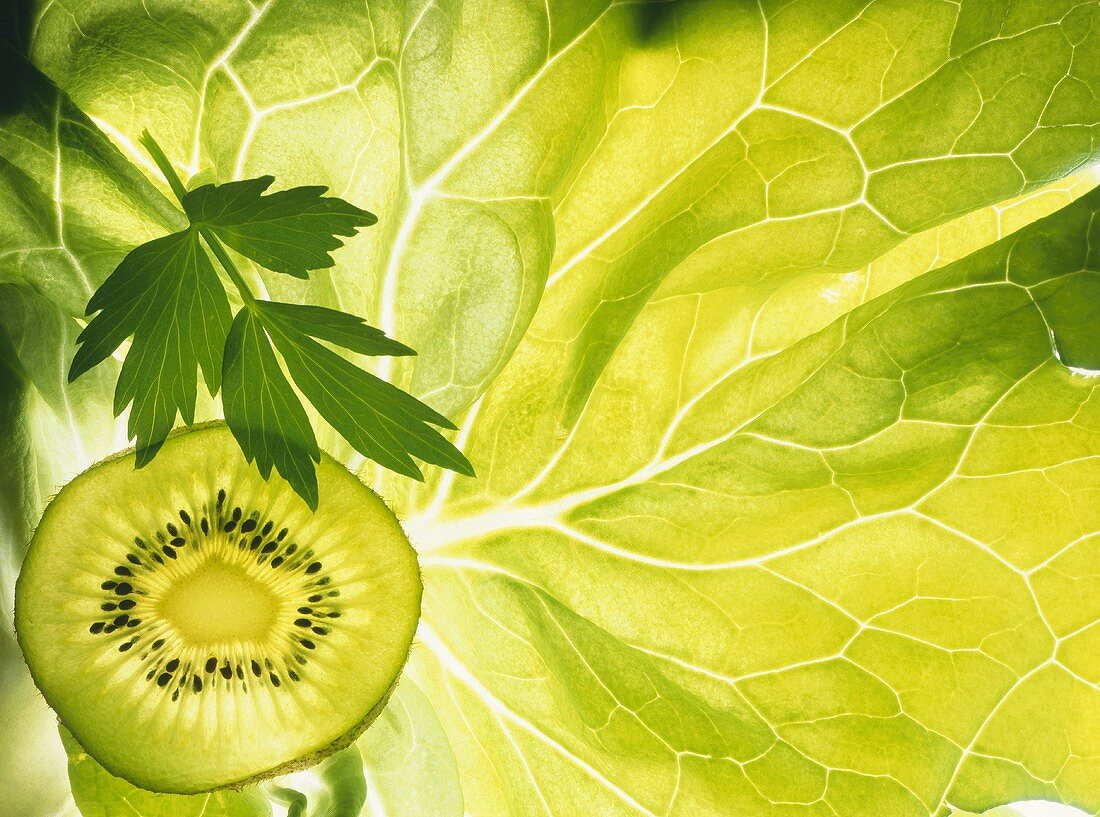 Kiwi slice and sprig of parsley on a lettuce leaf