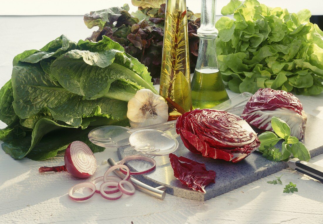Stillleben mit verschiedenen Salaten, Zwiebeln, Essig und Öl