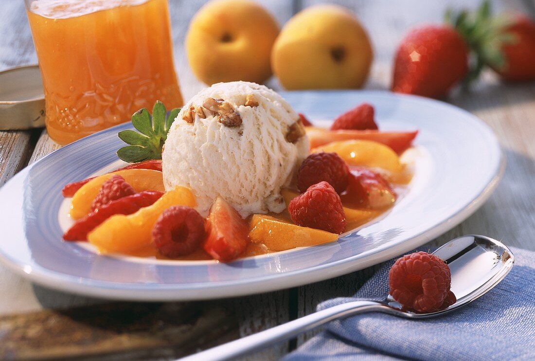 Walnut ice cream with apricot and berry mousse