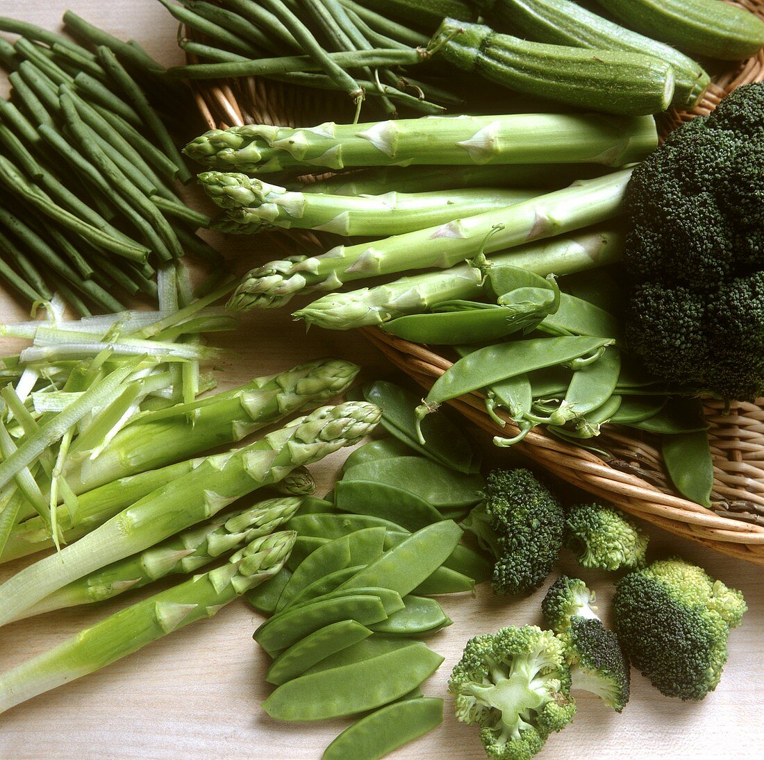 Green vegetables: asparagus, broccoli, mangetouts, beans