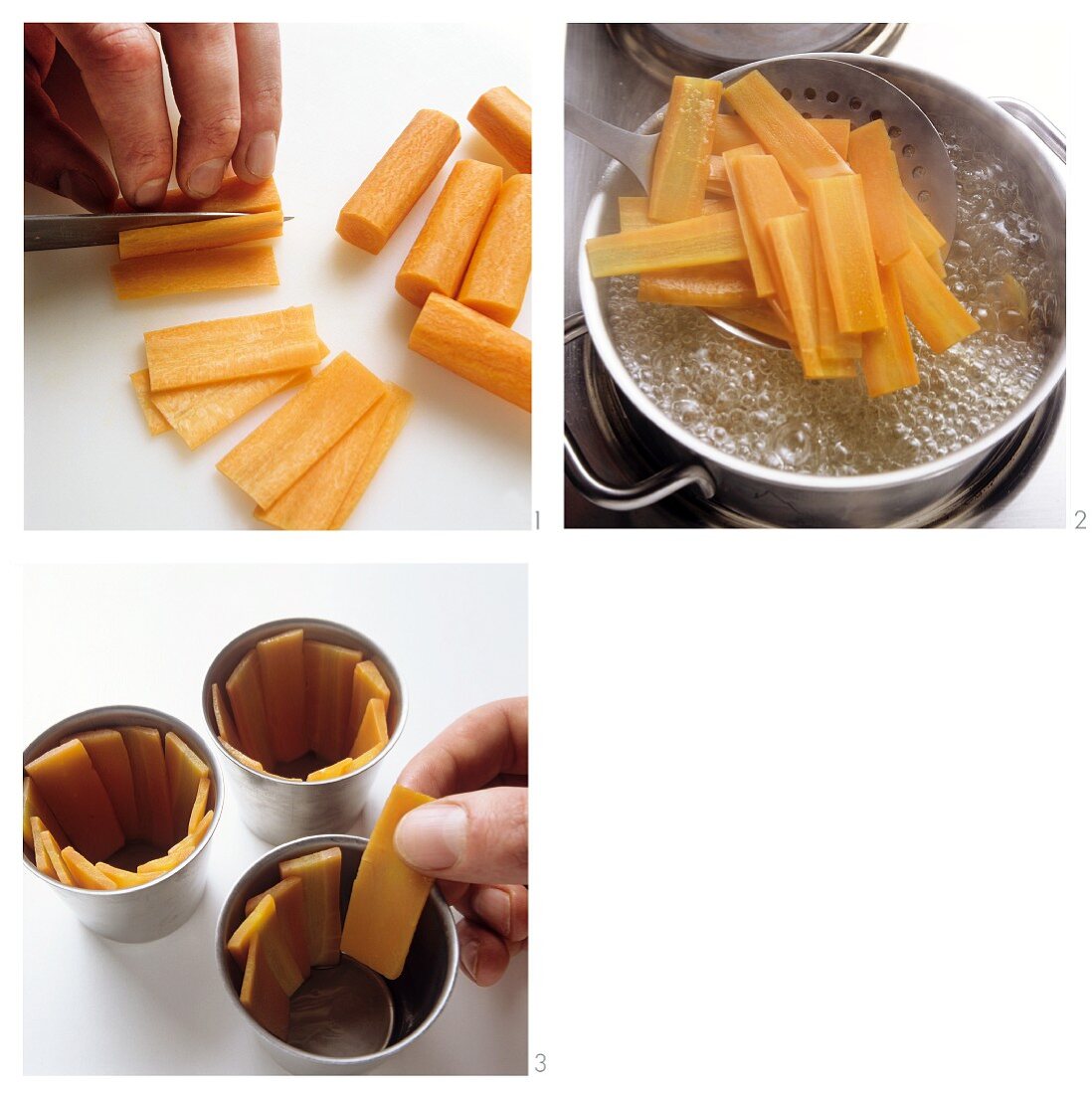 Cutting and cooking carrots and putting into timbale moulds