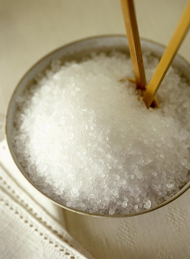 Coarse salt in white bowl