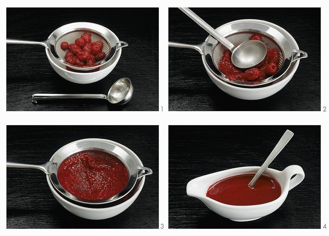 Making raspberry sauce: pushing through a sieve