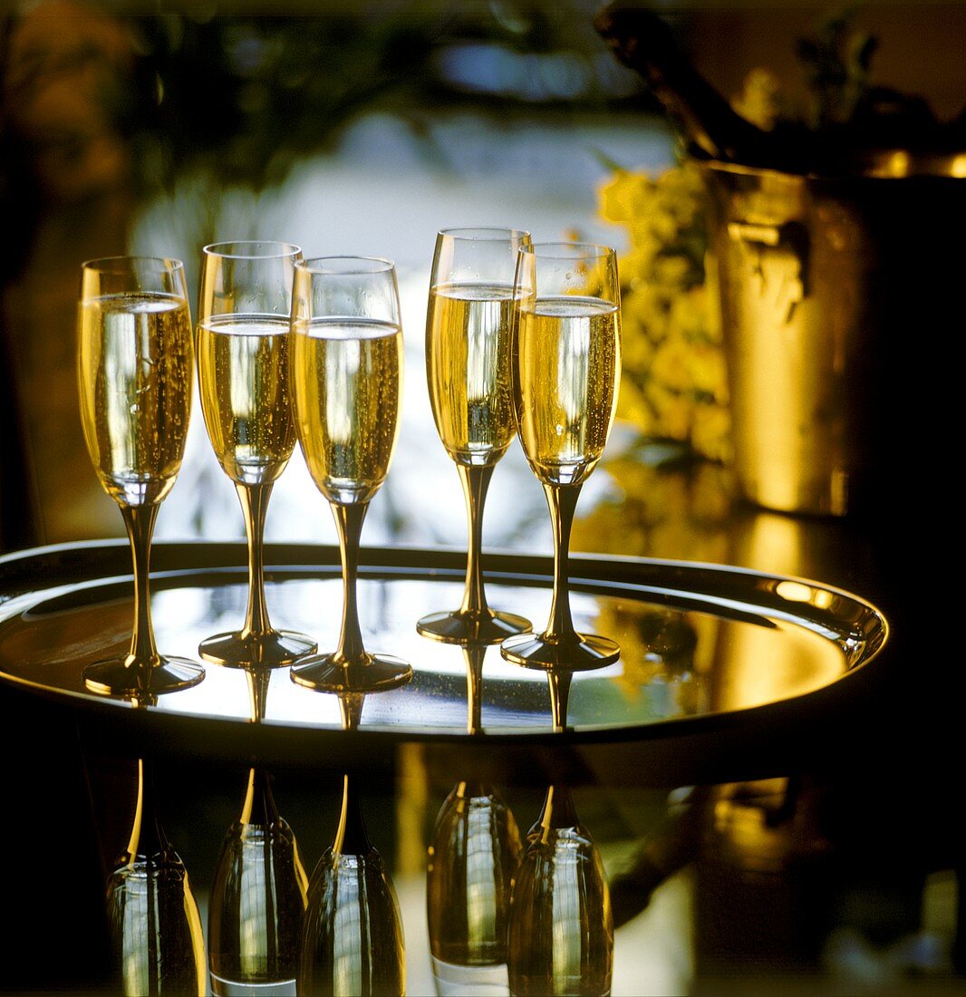 Several champagne glasses on a tray