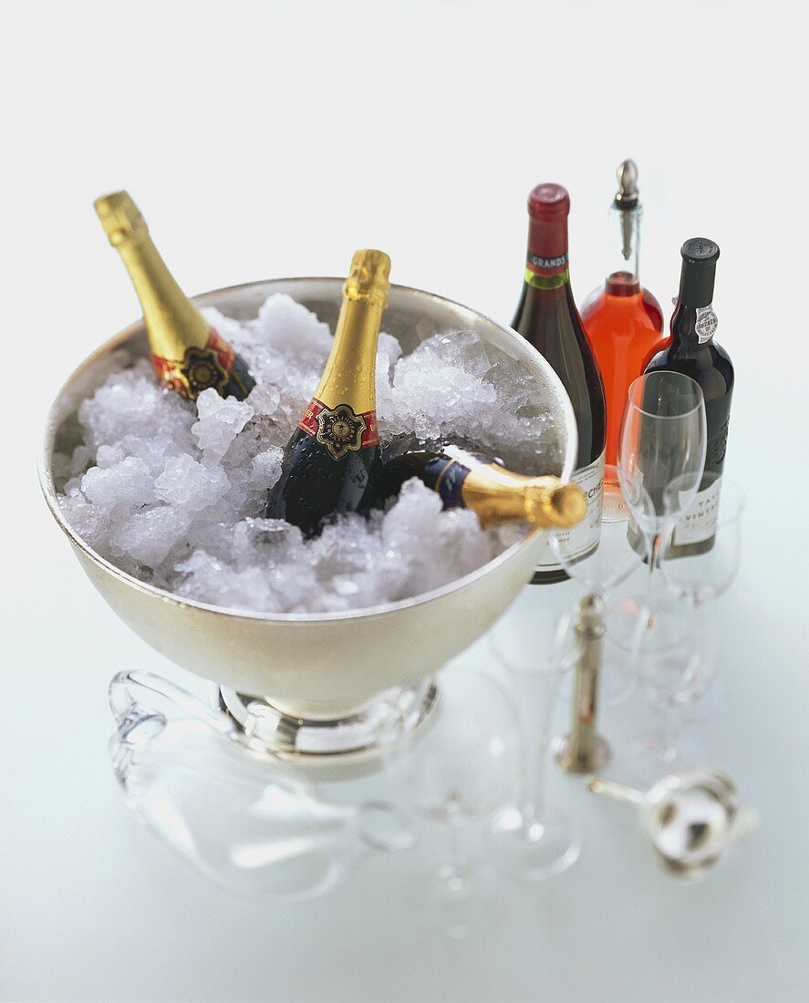 Equipment for wine pros: glasses, silver champagne bucket, wine