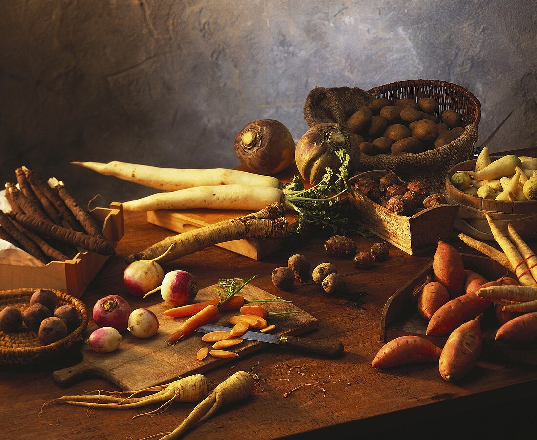 Root vegetable still life on rustic wooden table