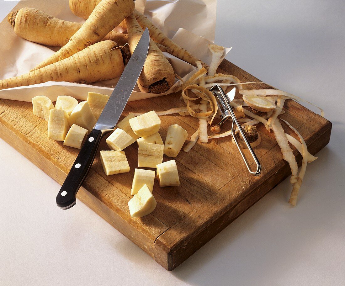 Parsnips, partly peeled and cut up