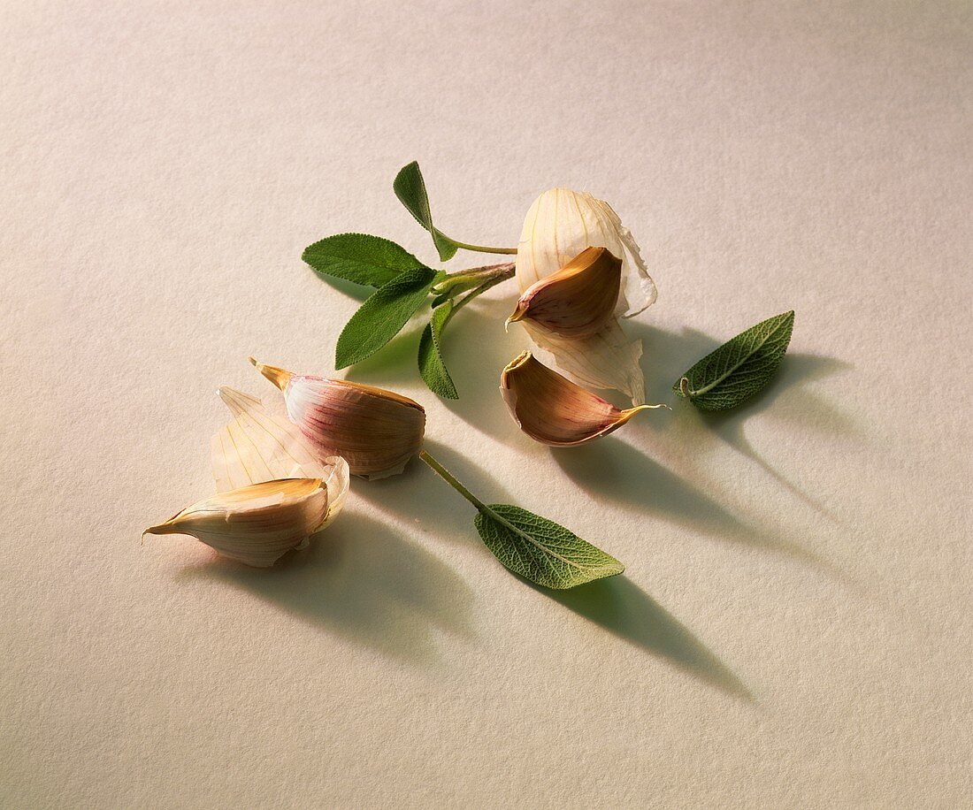 Cloves of garlic and fresh sage