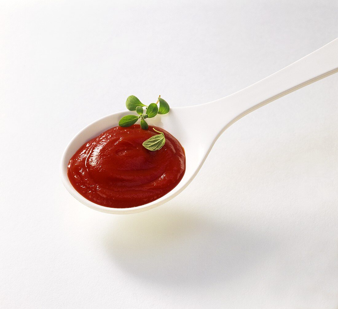 Tomato ketchup with herb leaves on a spoon