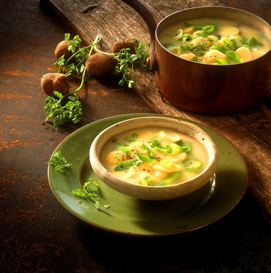 Leek and potato soup in soup plate and copper pan