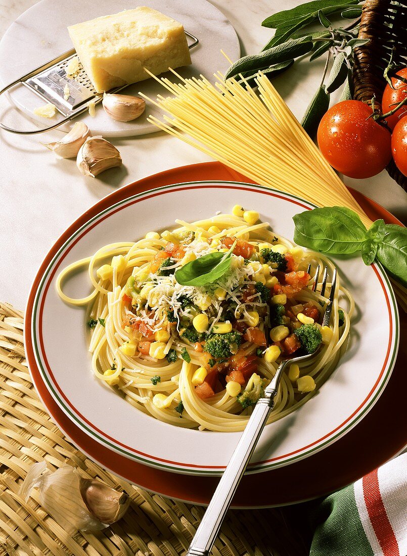 Spaghetti with vegetables, sweetcorn & Parmesan; ingredients