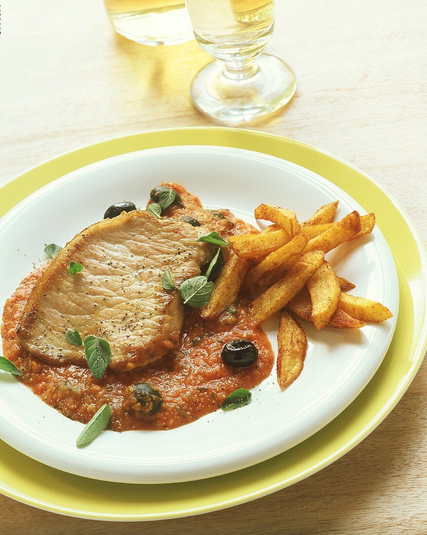 Schweinesteak mit Tomatensauce, Oliven und Pommes frites