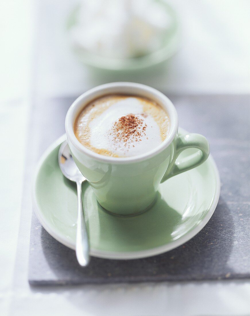 Cappuccino mit Kakaopulver in hellgrüner Espressotasse
