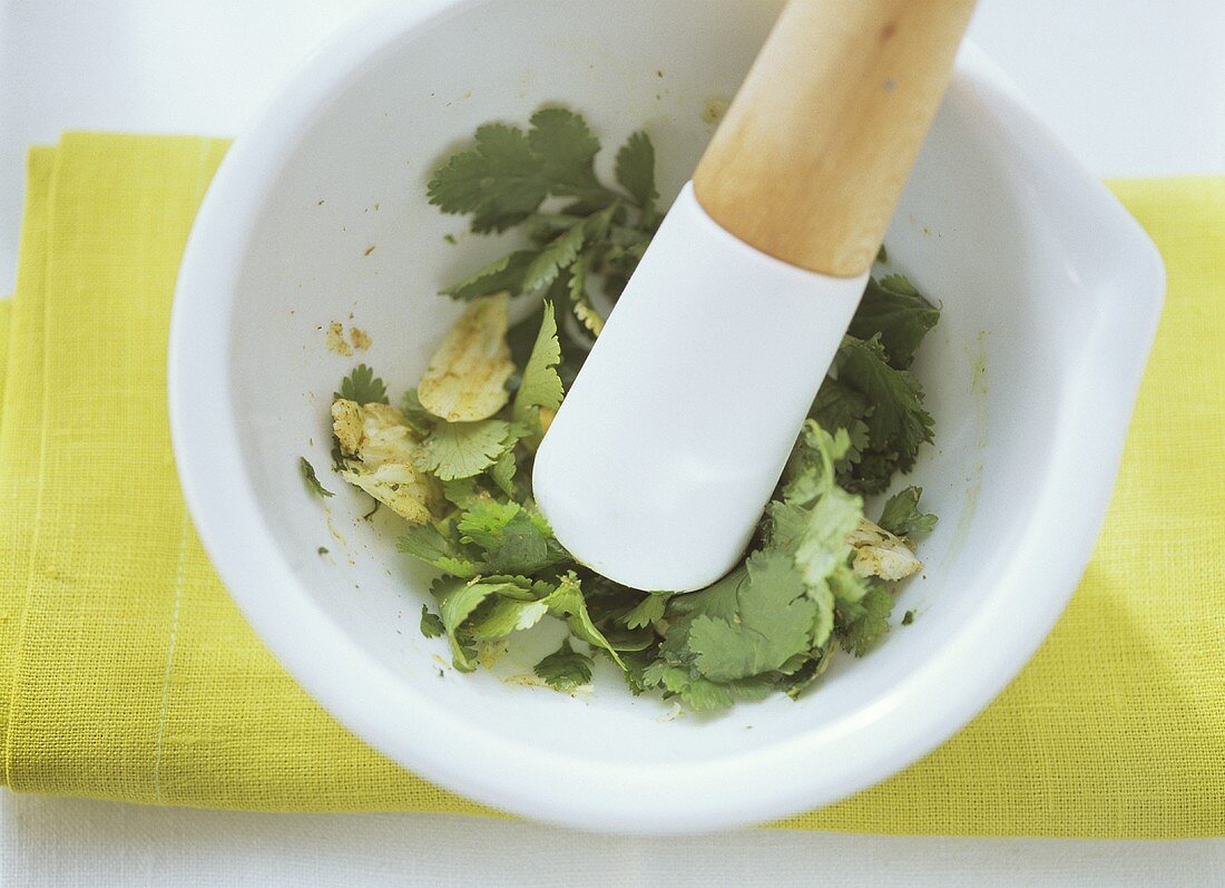 Making Canary Island coriander sauce (Mojo cilantro)