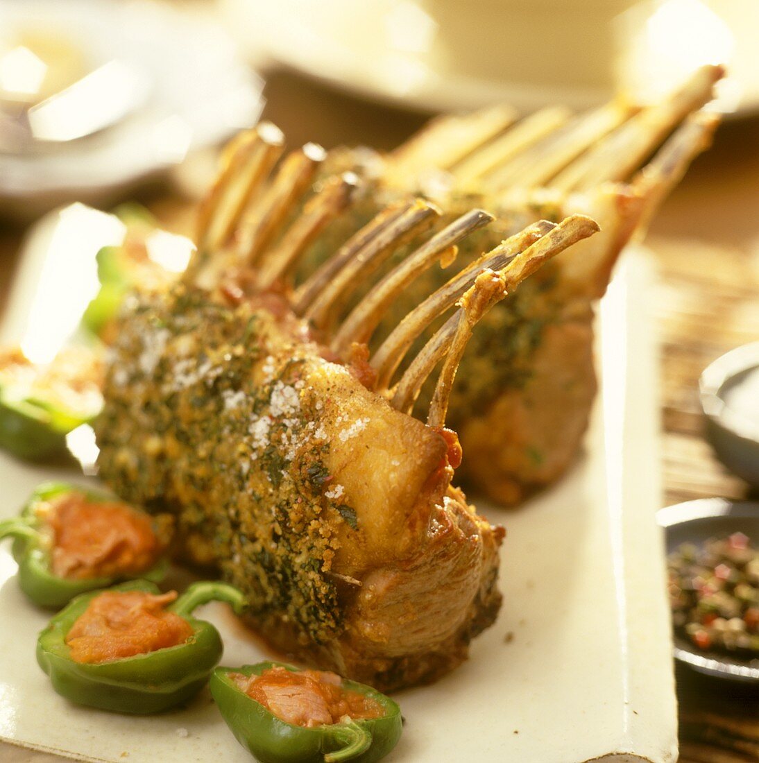 Lamb chop with herb crust and stuffed peppers