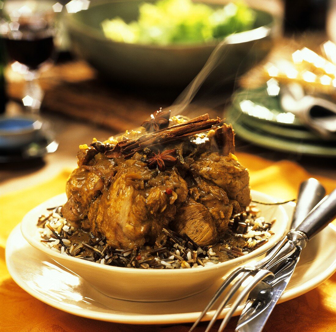 Lamb curry with cinnamon and star anise on rice