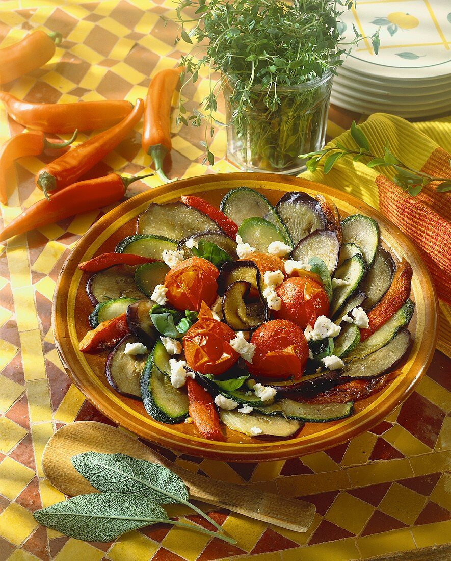 Middle Eastern salad with vegetables, courgettes, sheep's cheese