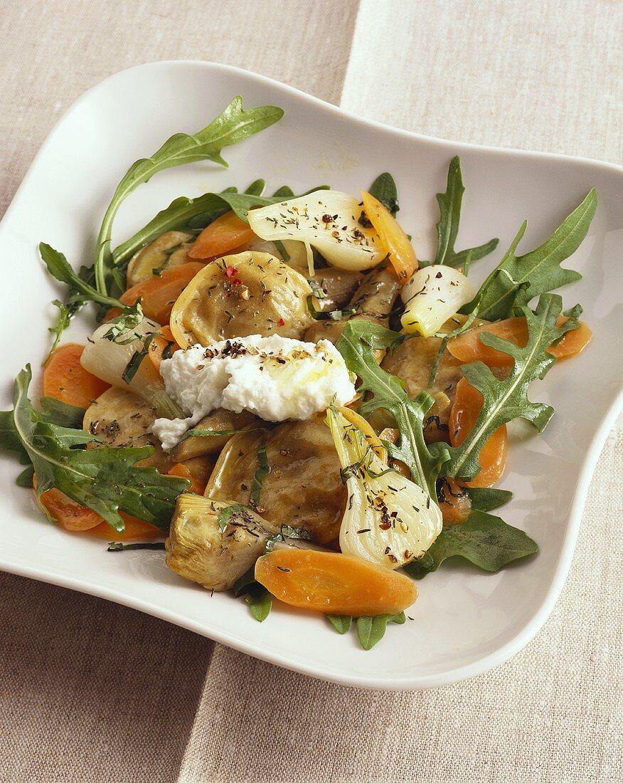 Ravioli with artichokes, carrots, rocket & goat's cheese