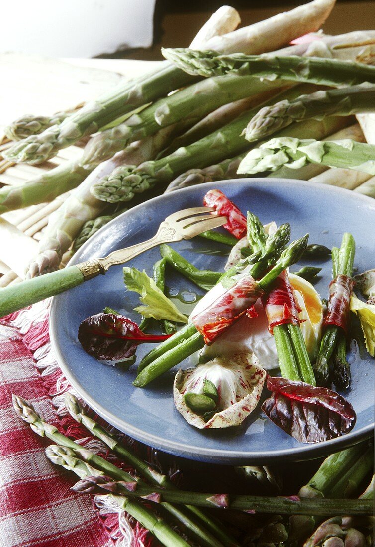 Grüner Spargel im Schinkenmantel auf pochiertem Ei