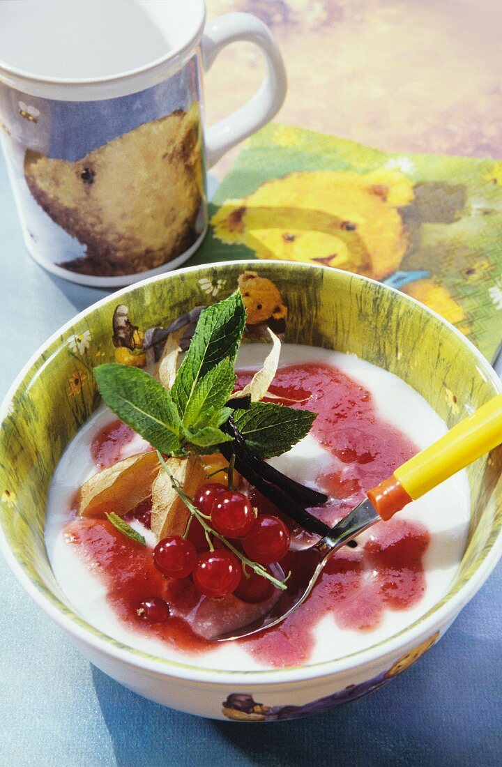 Quark mit Himbeersauce und roten Johannisbeeren