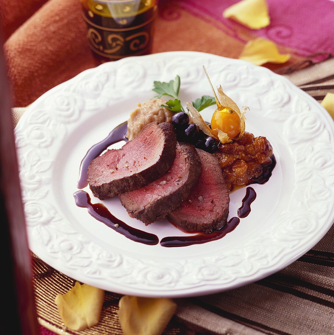 Venison fillet with physalis and olives