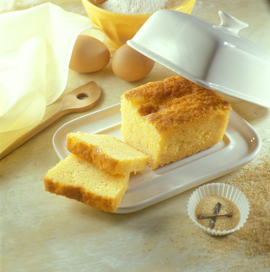 Butter cake surrounded by ingredients