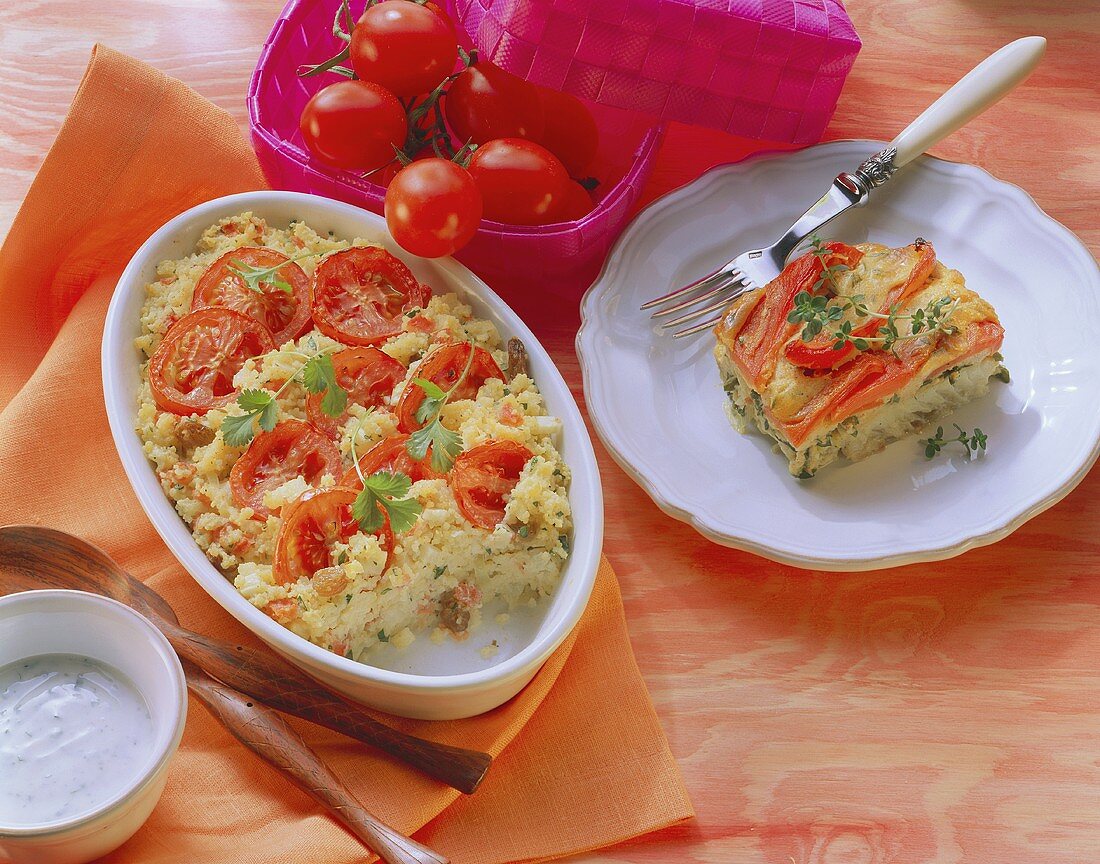 Tomato and couscous bake and sea bass and pepper gratin