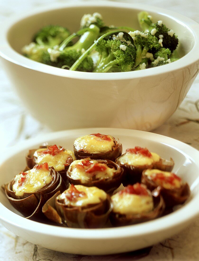 Stuffed artichokes and broccoli salad with garlic
