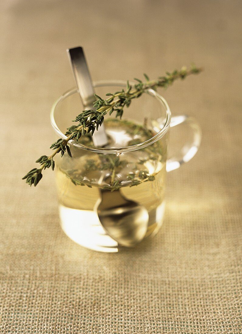 Thyme in a water glass with a spoon