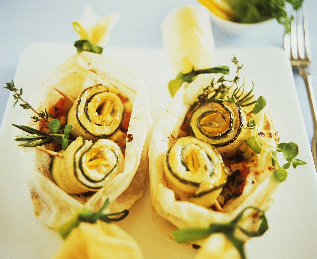 Courgette rolls in paper with diced tomatoes