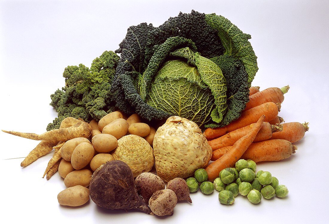 Various types of root vegetables, turnips and cabbage