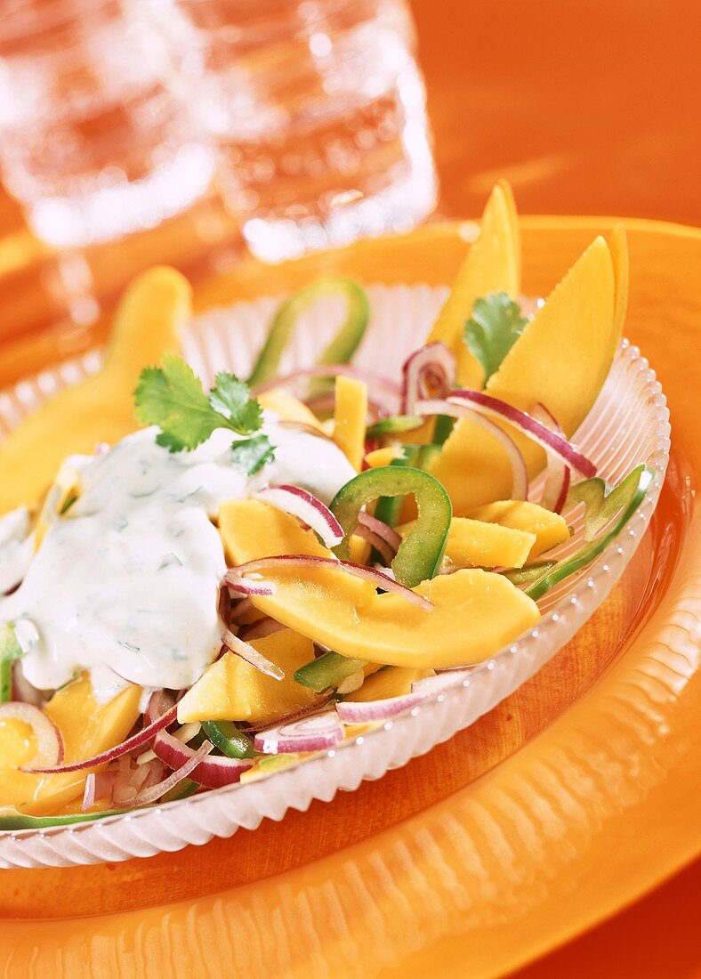 Exotic fruit salad with peppers, onions and yoghurt