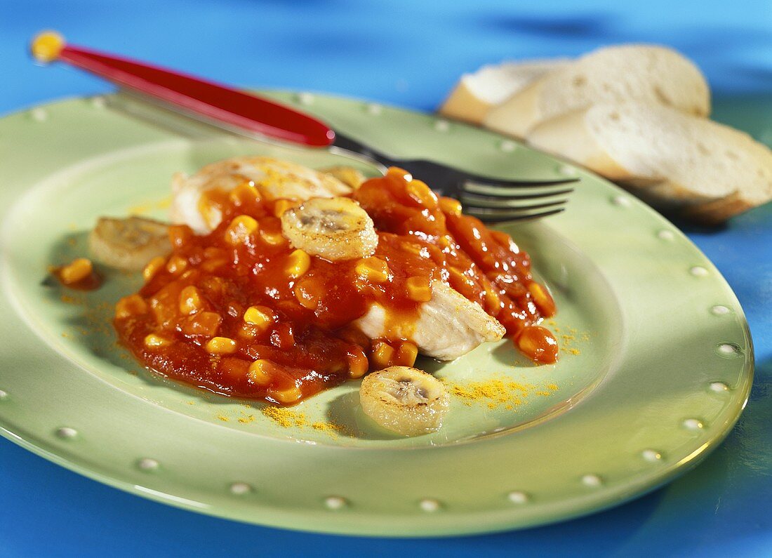 Hähnchenschnitzel mit Bananen, Mais und Barbecuesauce