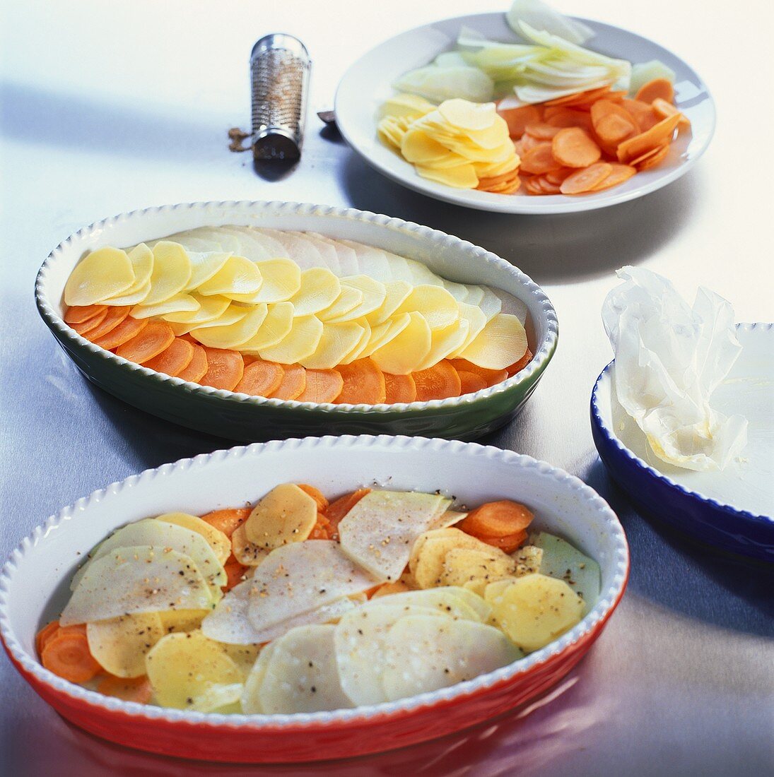 Layering vegetables into baking dishes