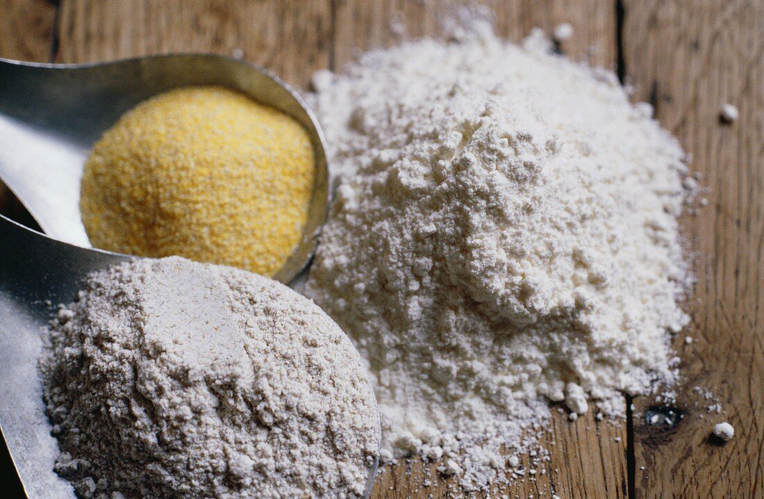 Three types of flour: rye, wheat, corn