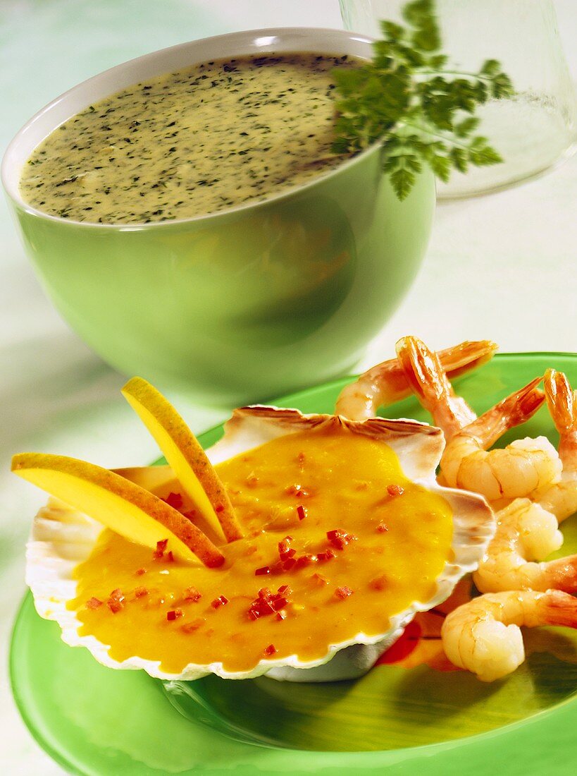 Sweet & sour mango sauce for shrimps & cream & herb sauce