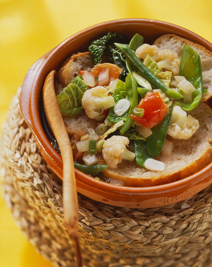 Vegetable stew on bread slices in clay bowl with wooden spoon