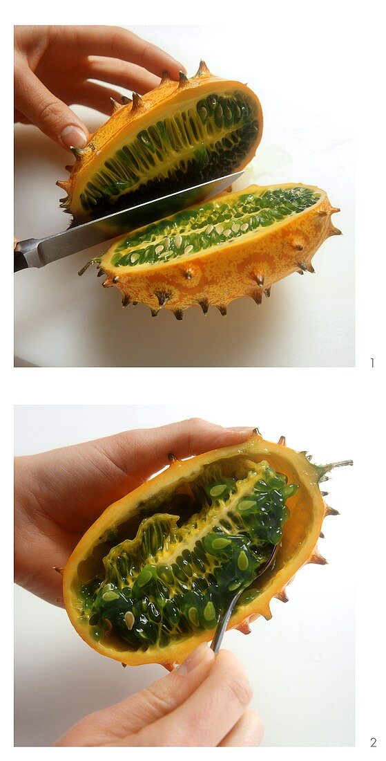 Halving a kiwano and taking out the flesh