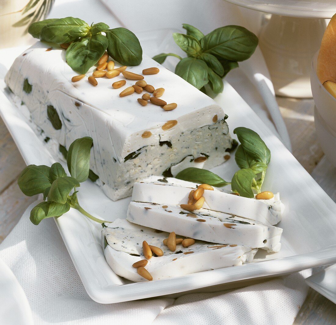 Soft cheese terrine with gorgonzola and pine nuts