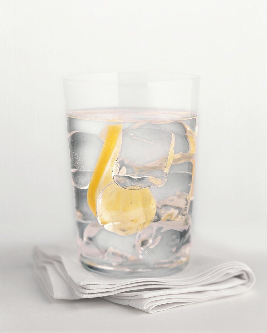 Glas Mineralwasser mit Eiswürfeln und Zitronenscheibe