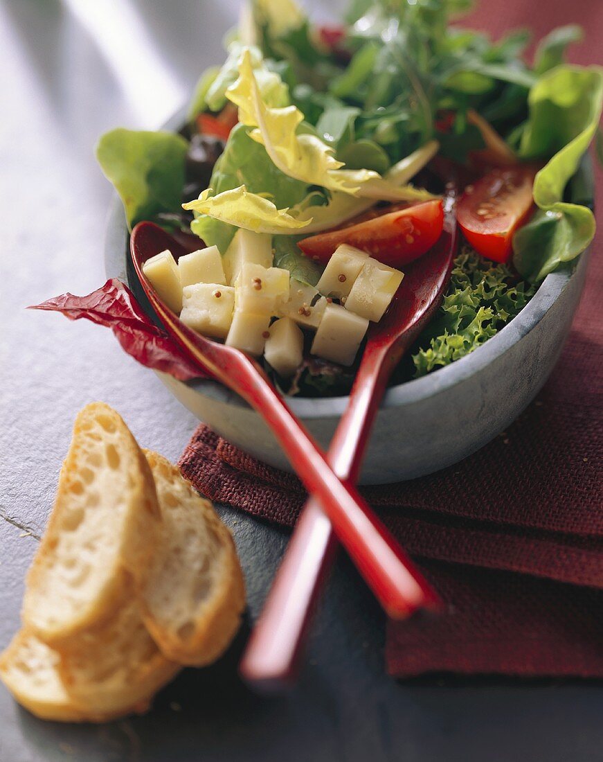 Gemischter Blattsalat mit Käsewürfeln und Tomaten; Weißbrot