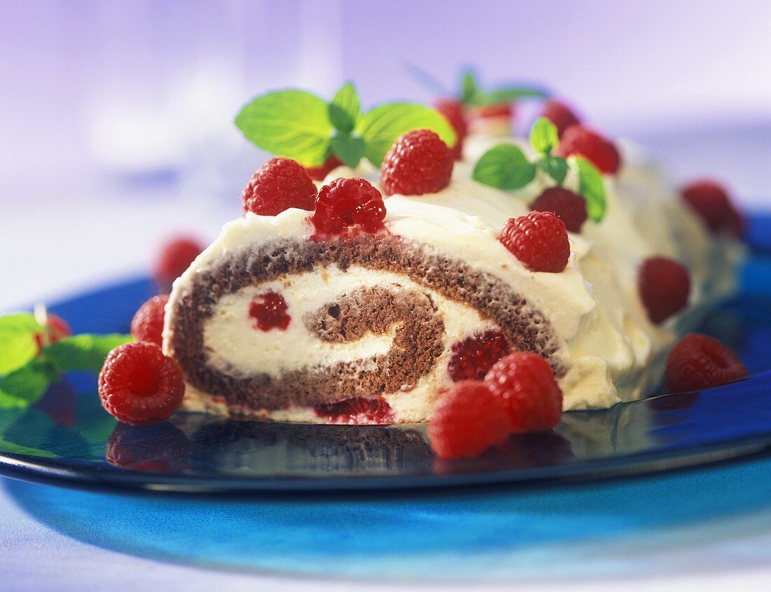 Chocolate roll with raspberries and mint leaves