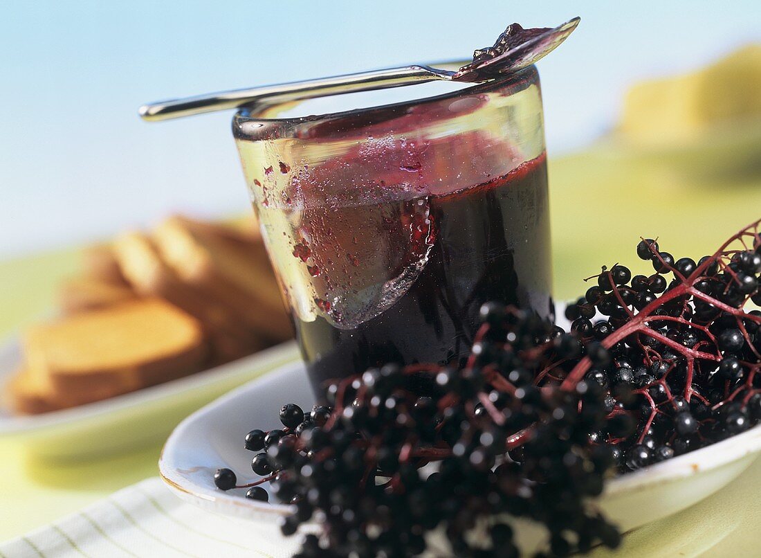 Apple and elderberry jelly in jar