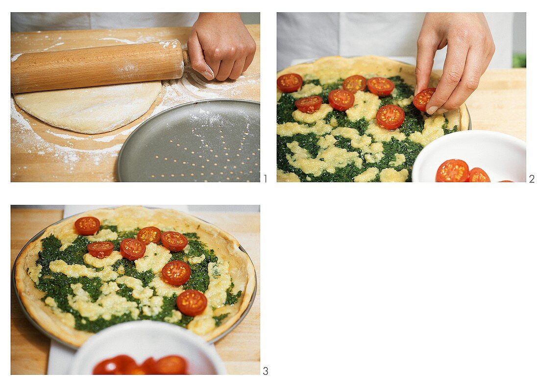 Making pizza with rocket and cherry tomatoes